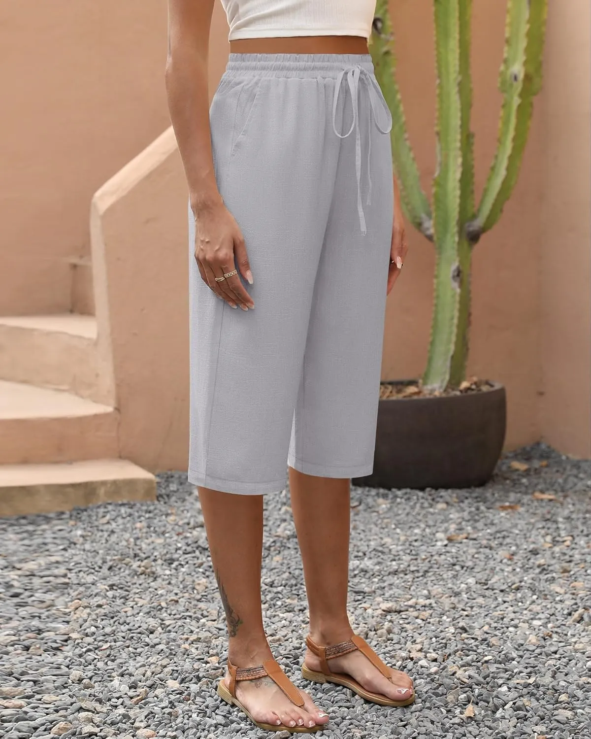 Neer 2 Pack Women's Linen Capris, Summer Drawstring Wide Leg Pants Casual High Waisted Palazzo Trousers with Pockets