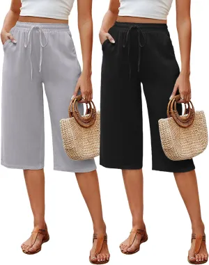 Neer 2 Pack Women's Linen Capris, Summer Drawstring Wide Leg Pants Casual High Waisted Palazzo Trousers with Pockets