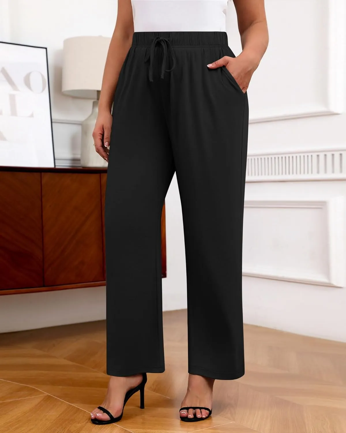 Neer 3 Pack Women's Plus Size Wide Leg Pants High Waisted Lounge Yoga Pants Baggy Drawstring Palazzo Sweatpants with Pockets