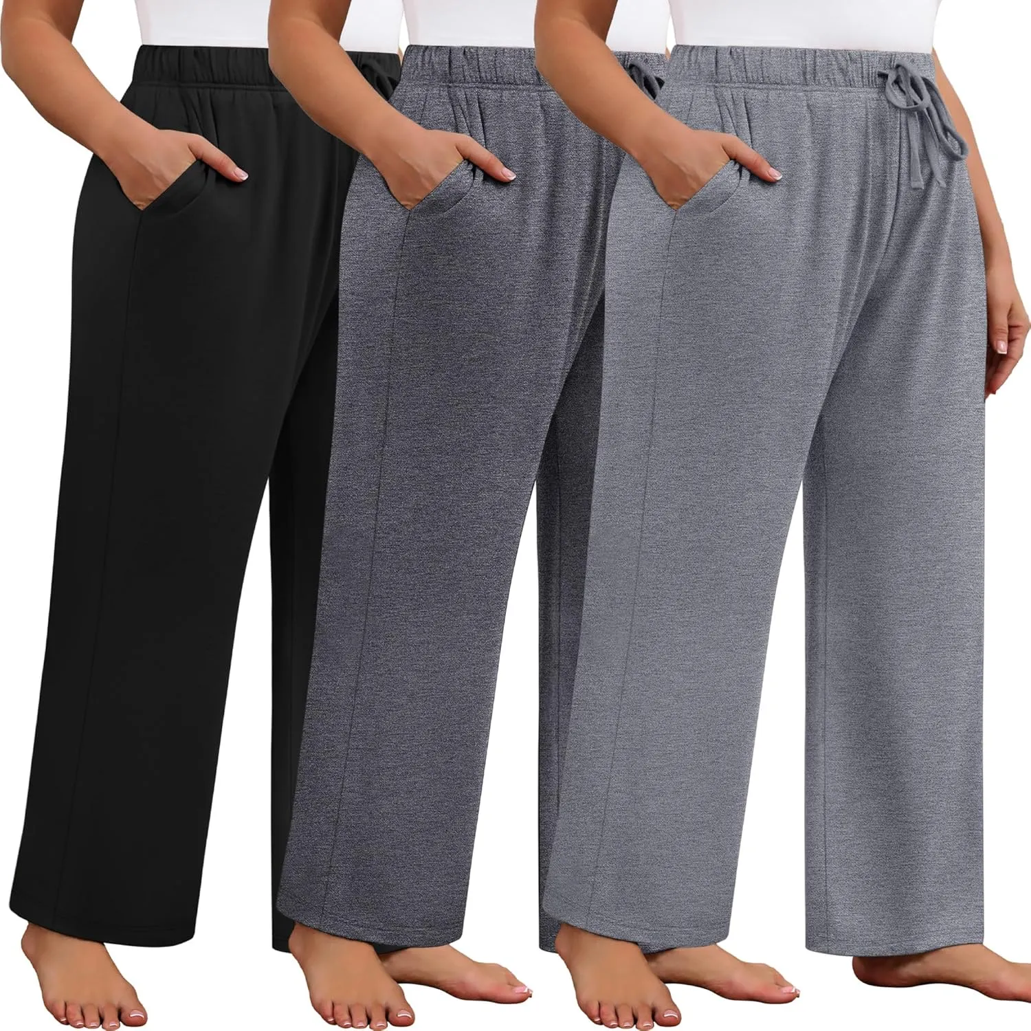 Neer 3 Pack Women's Plus Size Wide Leg Pants High Waisted Lounge Yoga Pants Baggy Drawstring Palazzo Sweatpants with Pockets