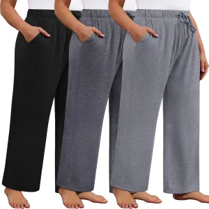 Neer 3 Pack Women's Plus Size Wide Leg Pants High Waisted Lounge Yoga Pants Baggy Drawstring Palazzo Sweatpants with Pockets