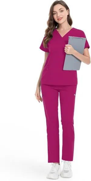 niaahinn Classic Scrub Set for Women - V-Neck Scrub Top & Stylish Scrub Jogger Pants with Multi Pocket Medical Uniform