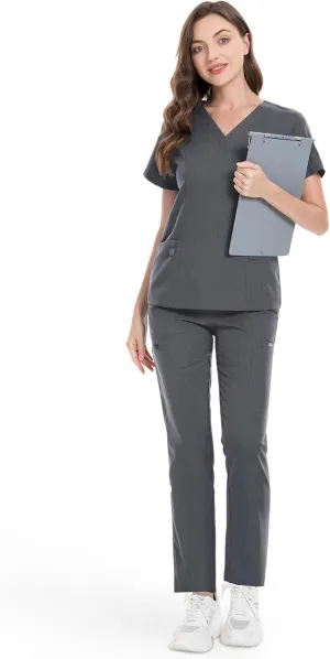 niaahinn Classic Scrub Set for Women - V-Neck Scrub Top & Stylish Scrub Jogger Pants with Multi Pocket Medical Uniform