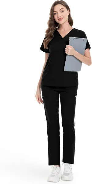 niaahinn Classic Scrub Set for Women - V-Neck Scrub Top & Stylish Scrub Jogger Pants with Multi Pocket Medical Uniform