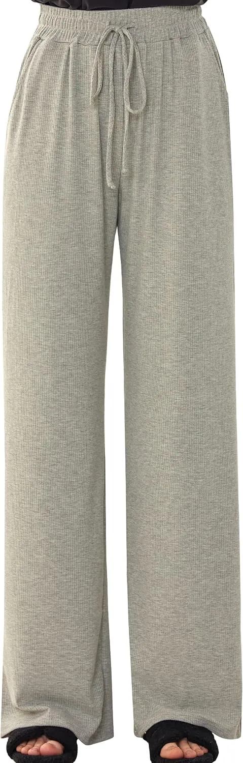 noflik Women's Casual Elastic High Waisted Drawstring Wide Leg Ribbed Knit Pants with Pockets