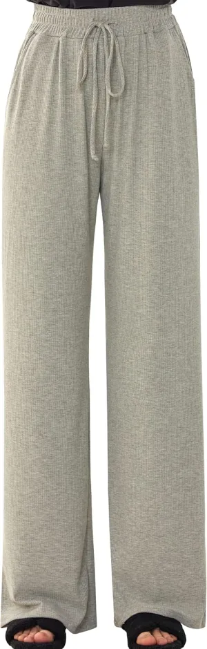 noflik Women's Casual Elastic High Waisted Drawstring Wide Leg Ribbed Knit Pants with Pockets