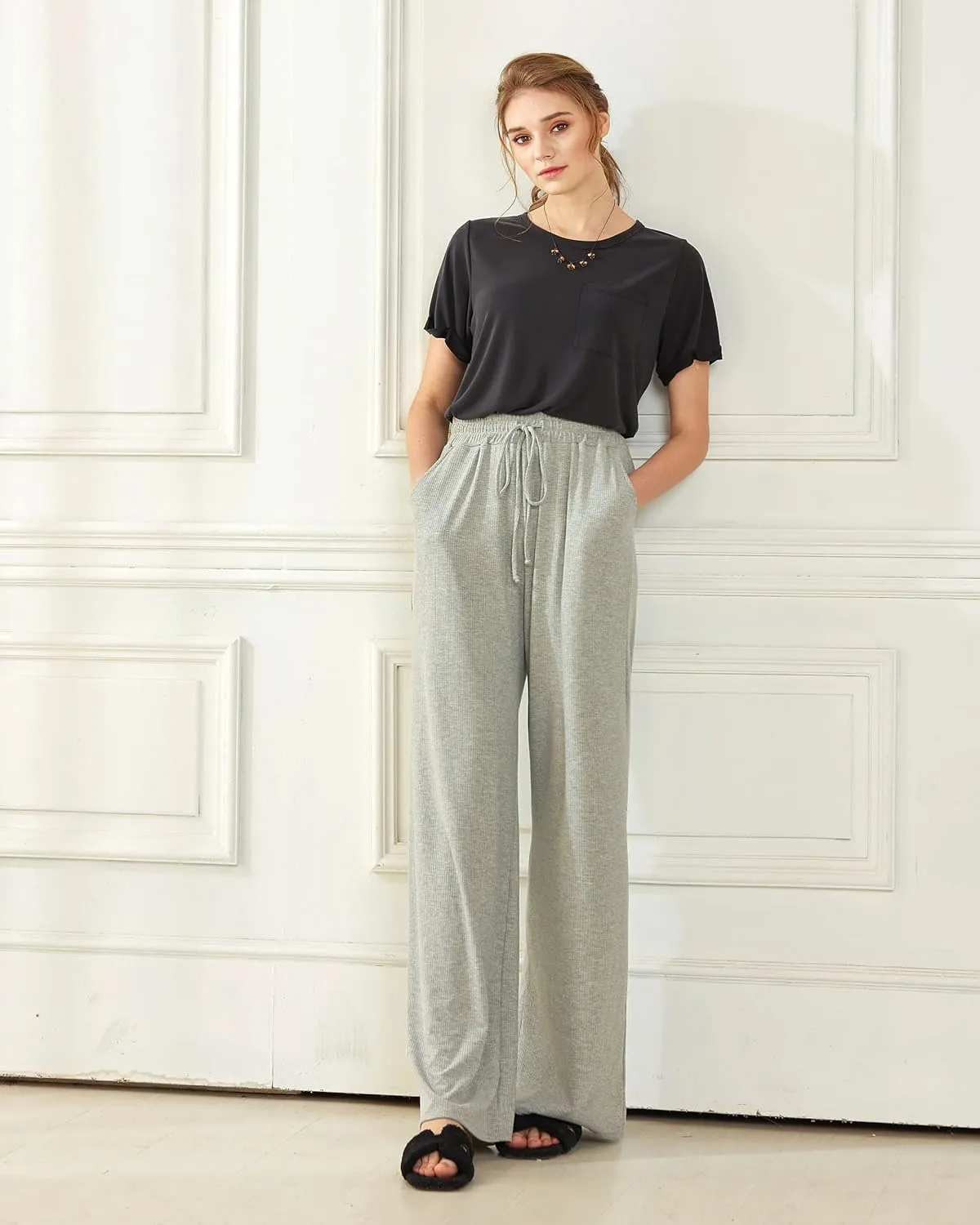noflik Women's Casual Elastic High Waisted Drawstring Wide Leg Ribbed Knit Pants with Pockets