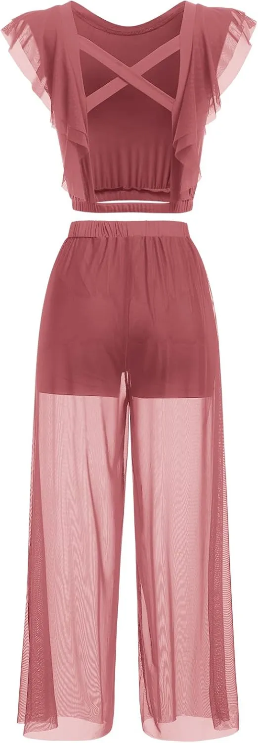 ODASDO Women Two Piece Lyrical Dance Costumes Criss Cross Crop Tops   Mesh Tulle Wide Leg Pants Modern Contemporary Dancewear
