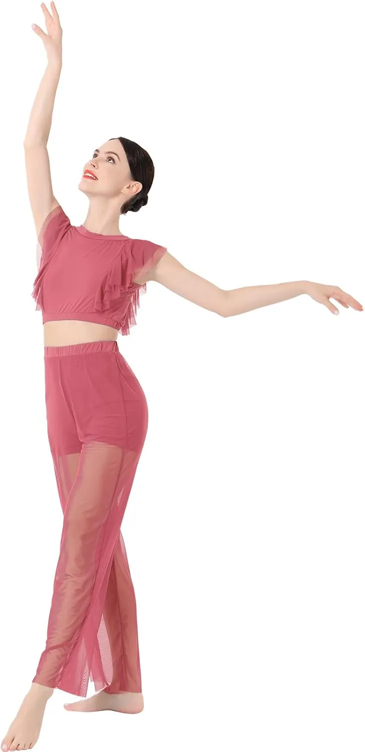 ODASDO Women Two Piece Lyrical Dance Costumes Criss Cross Crop Tops   Mesh Tulle Wide Leg Pants Modern Contemporary Dancewear