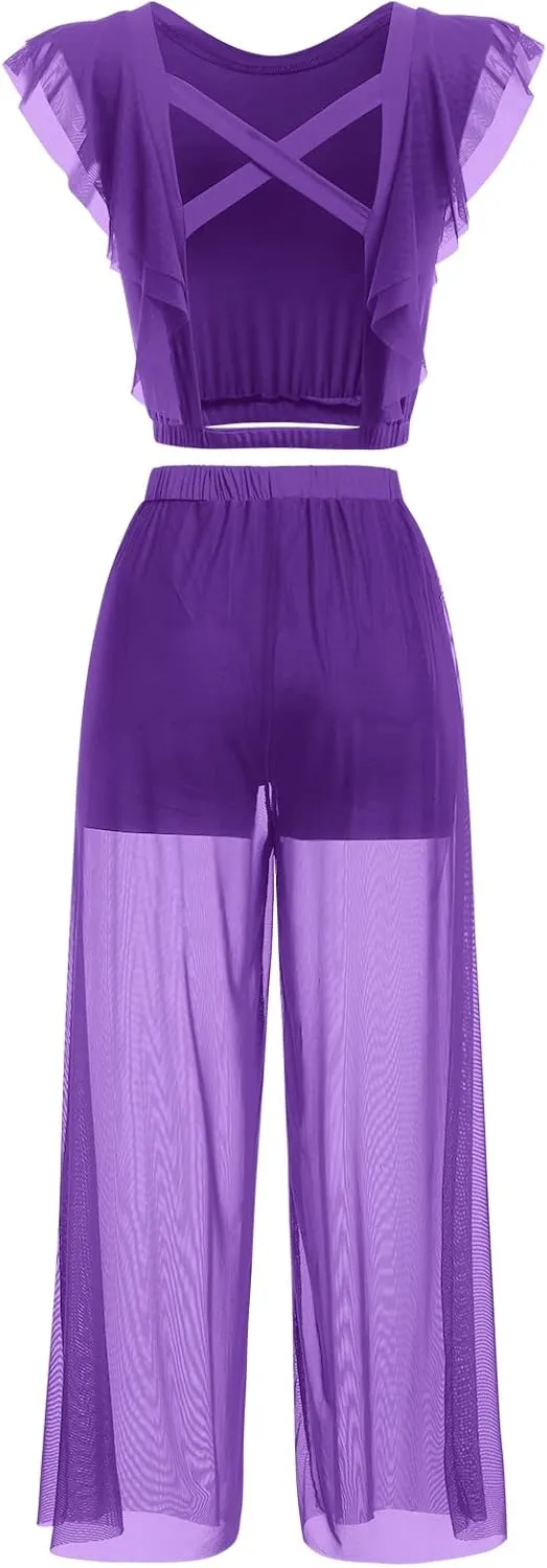 ODASDO Women Two Piece Lyrical Dance Costumes Criss Cross Crop Tops   Mesh Tulle Wide Leg Pants Modern Contemporary Dancewear