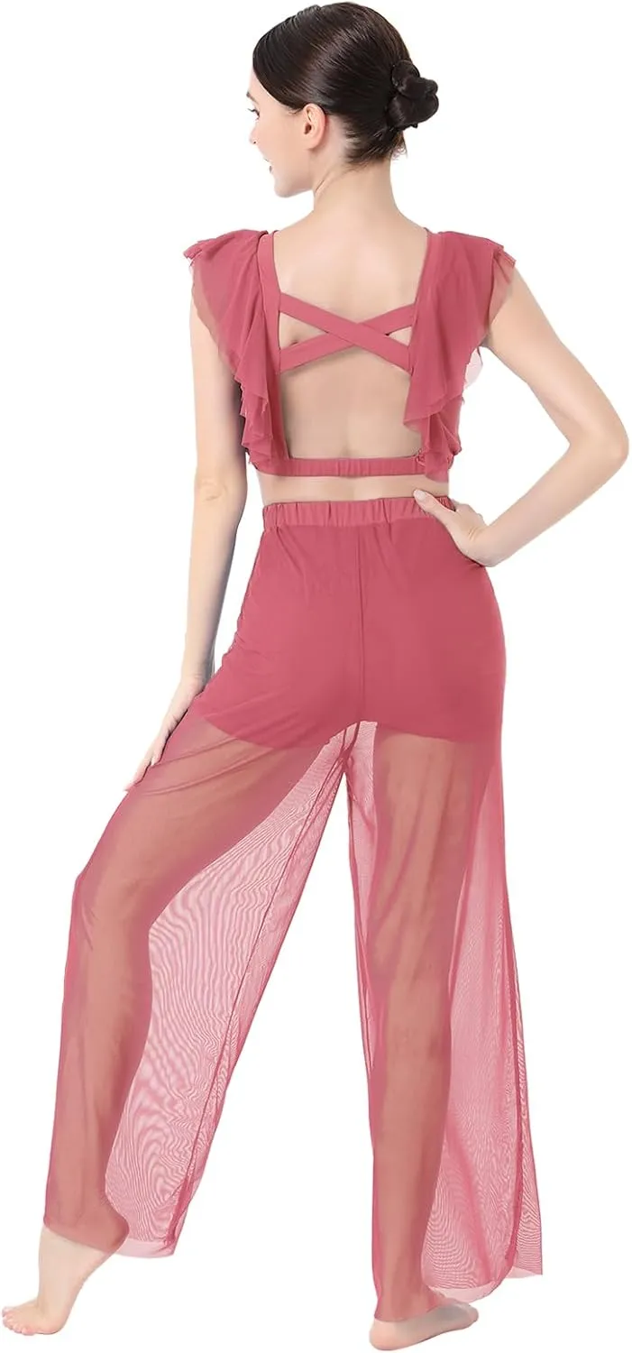 ODASDO Women Two Piece Lyrical Dance Costumes Criss Cross Crop Tops   Mesh Tulle Wide Leg Pants Modern Contemporary Dancewear