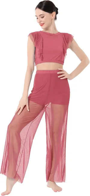 ODASDO Women Two Piece Lyrical Dance Costumes Criss Cross Crop Tops   Mesh Tulle Wide Leg Pants Modern Contemporary Dancewear