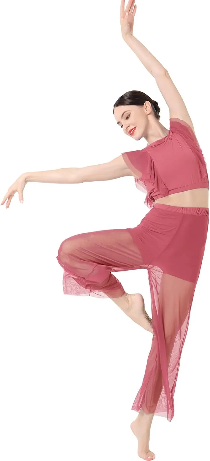 ODASDO Women Two Piece Lyrical Dance Costumes Criss Cross Crop Tops   Mesh Tulle Wide Leg Pants Modern Contemporary Dancewear