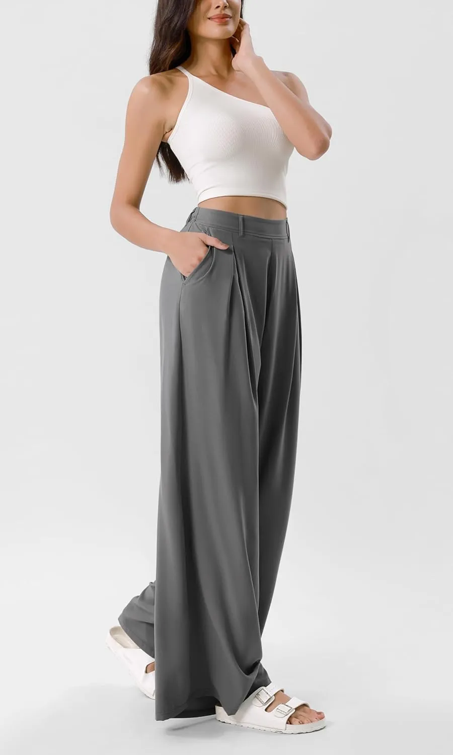 ODODOS Chiffon Flowy Pleated Wide Leg Pants for Women Lightweight High Waist Trouser with Pockets-27/29" /31" Inseam