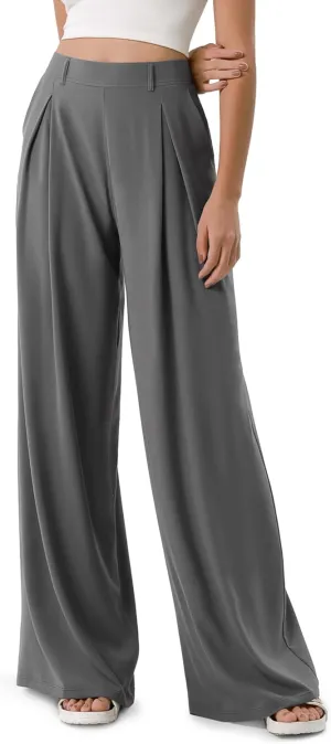 ODODOS Chiffon Flowy Pleated Wide Leg Pants for Women Lightweight High Waist Trouser with Pockets-27/29" /31" Inseam