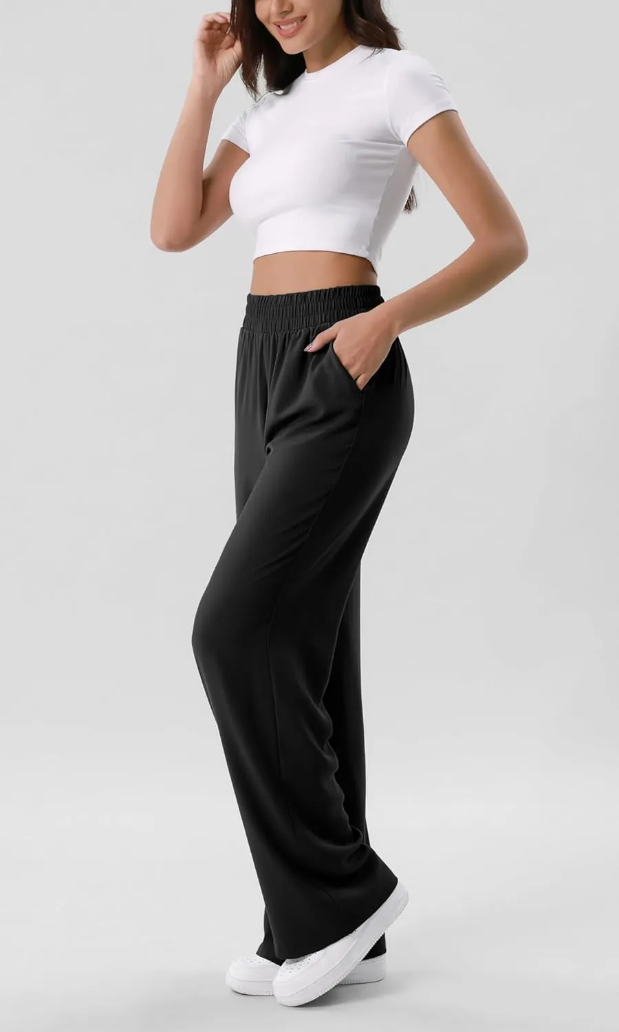 ODODOS Chiffon Flowy Wide Leg Pants for Women Lightweight High Waist Pull-On Pants with Pockets- 27" / 29" /31" Inseam