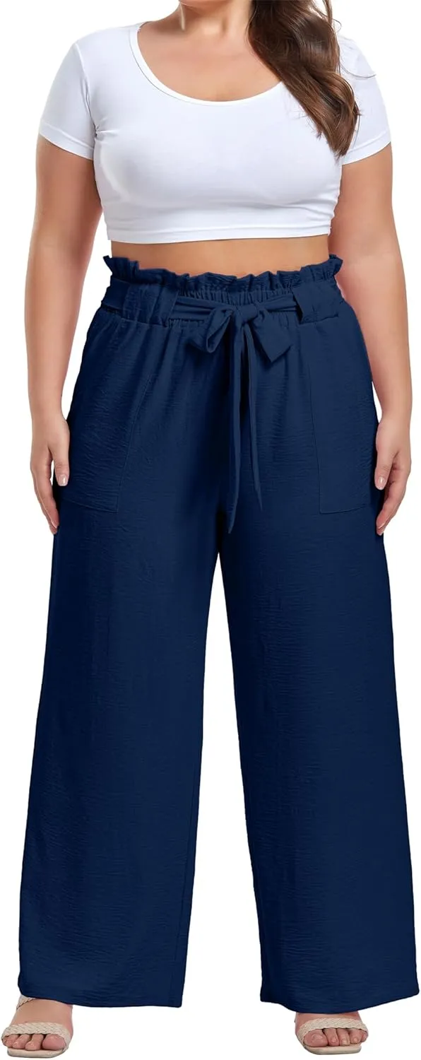 OLRIK Women's Casual Plus Size Pants High Waisted Self-tie Belted Lounge Pants Straight Long Trousers with Pockets