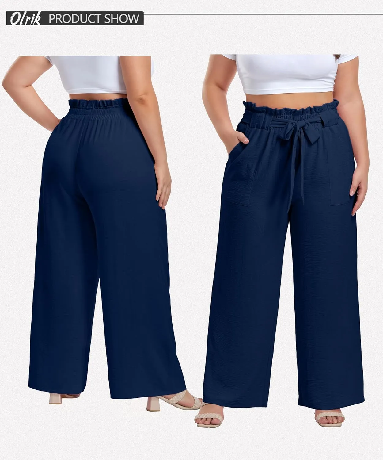 OLRIK Women's Casual Plus Size Pants High Waisted Self-tie Belted Lounge Pants Straight Long Trousers with Pockets