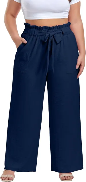 OLRIK Women's Casual Plus Size Pants High Waisted Self-tie Belted Lounge Pants Straight Long Trousers with Pockets