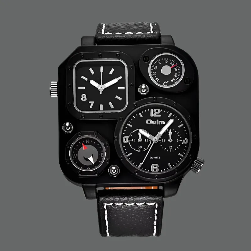Oulm 1169 Men's Black Sport Watch - Stylish Square Dial with Decorative Compass, Casual Quartz Wristwatch