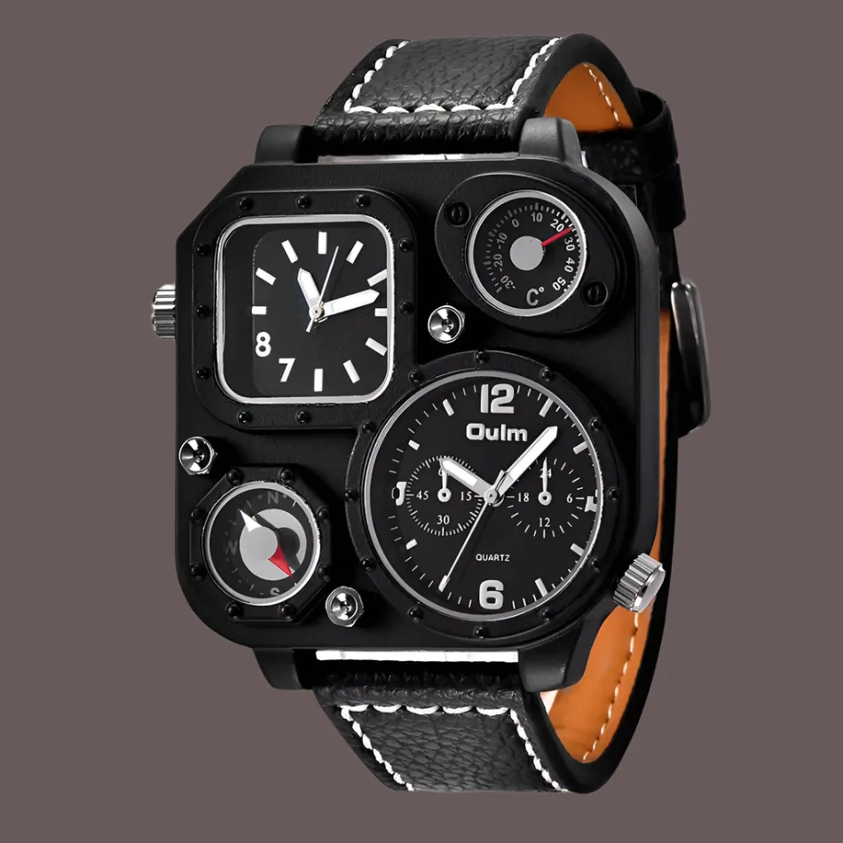 Oulm 1169 Men's Black Sport Watch - Stylish Square Dial with Decorative Compass, Casual Quartz Wristwatch