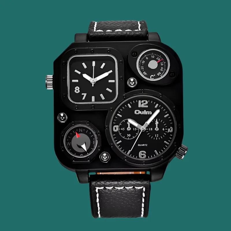 Oulm 1169 Men's Black Sport Watch - Stylish Square Dial with Decorative Compass, Casual Quartz Wristwatch