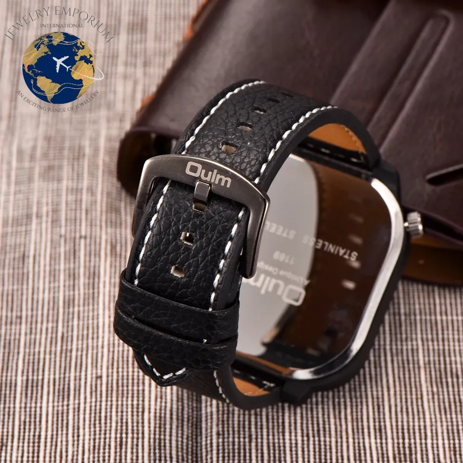 Oulm 1169 Men's Black Sport Watch - Stylish Square Dial with Decorative Compass, Casual Quartz Wristwatch
