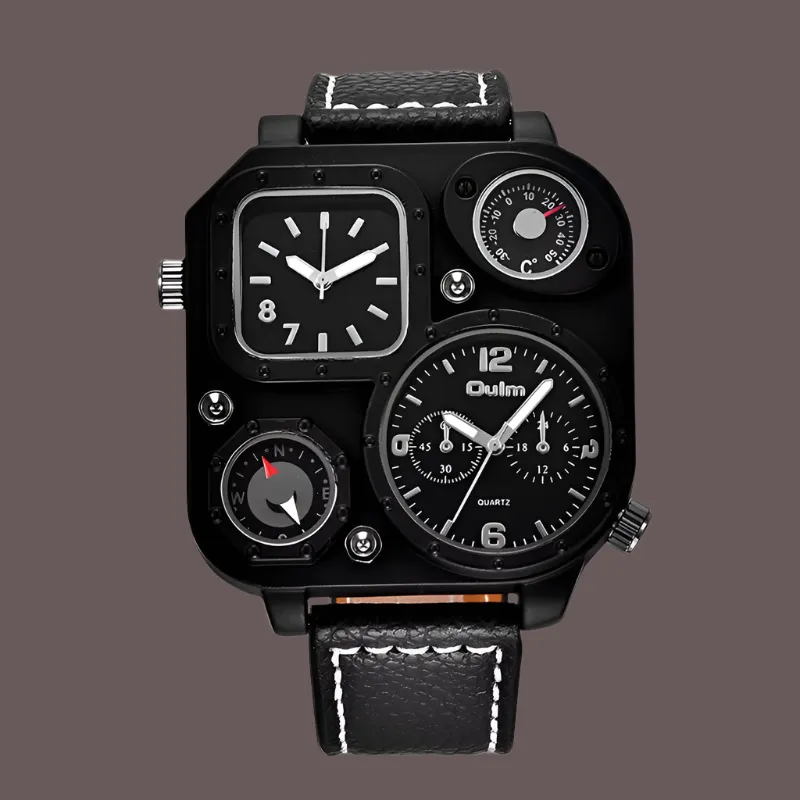 Oulm 1169 Men's Black Sport Watch - Stylish Square Dial with Decorative Compass, Casual Quartz Wristwatch