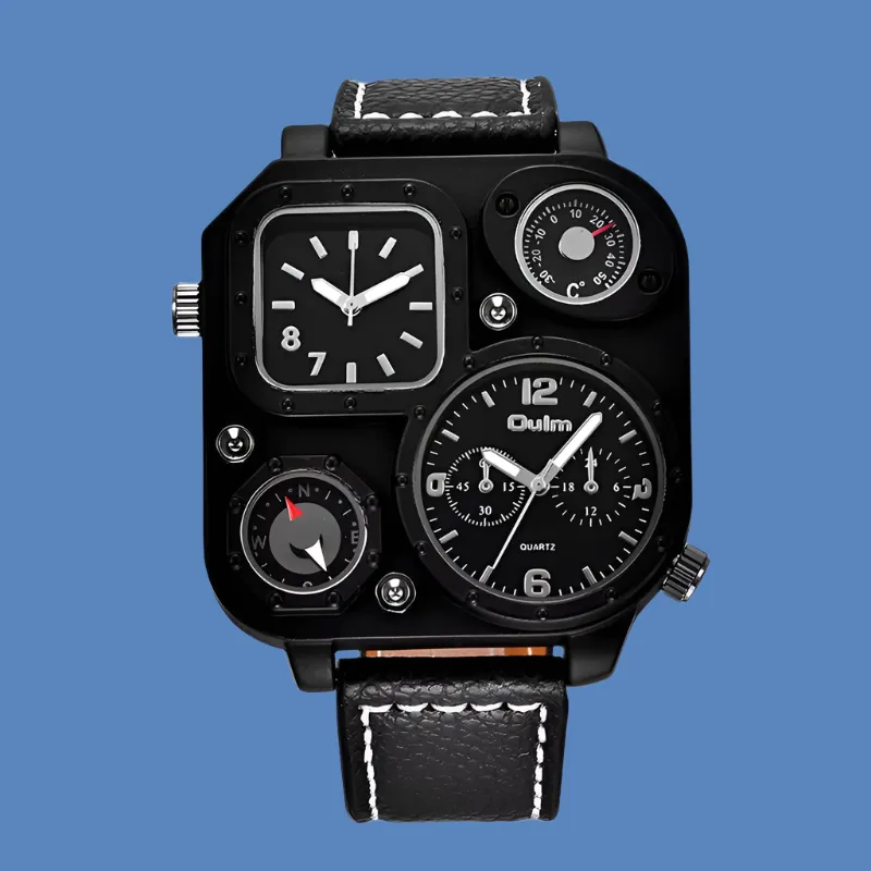 Oulm 1169 Men's Black Sport Watch - Stylish Square Dial with Decorative Compass, Casual Quartz Wristwatch
