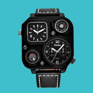 Oulm 1169 Men's Black Sport Watch - Stylish Square Dial with Decorative Compass, Casual Quartz Wristwatch