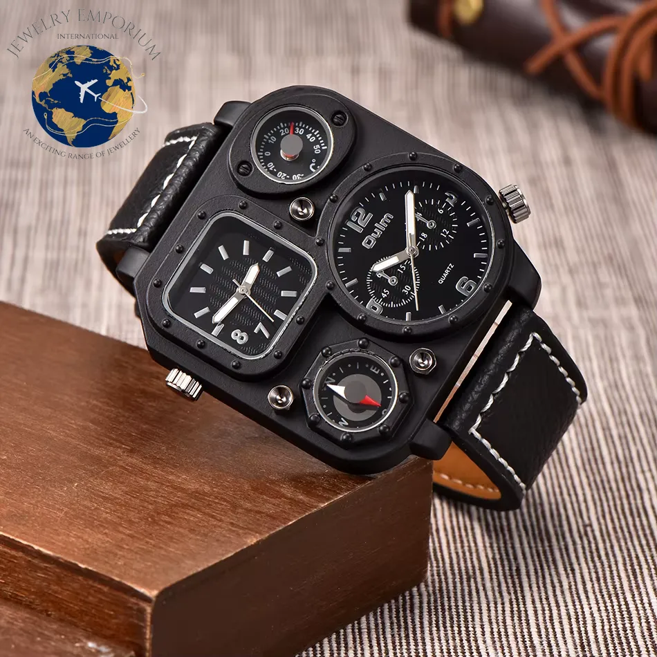 Oulm 1169 Men's Black Sport Watch - Stylish Square Dial with Decorative Compass, Casual Quartz Wristwatch