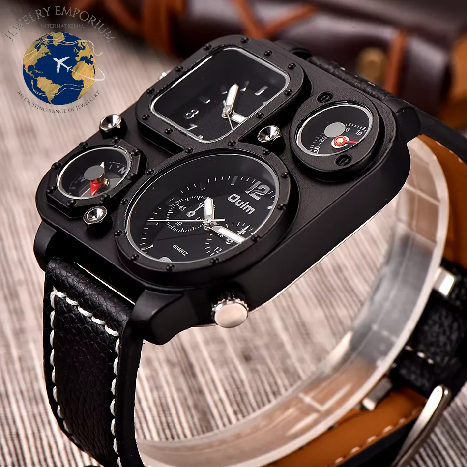 Oulm 1169 Men's Black Sport Watch - Stylish Square Dial with Decorative Compass, Casual Quartz Wristwatch