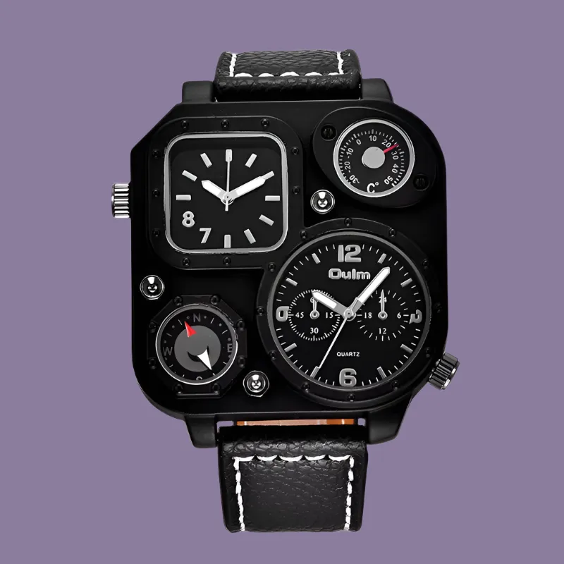 Oulm 1169 Men's Black Sport Watch - Stylish Square Dial with Decorative Compass, Casual Quartz Wristwatch