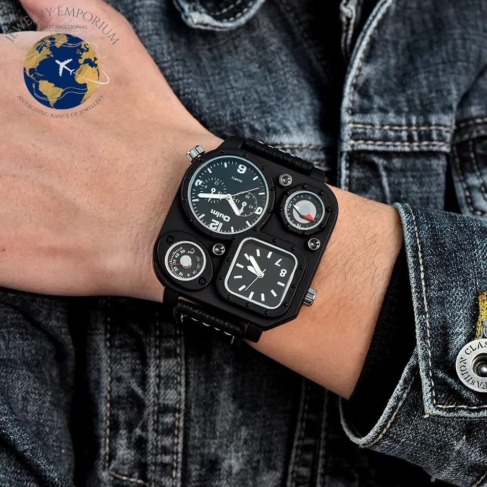 Oulm 1169 Men's Black Sport Watch - Stylish Square Dial with Decorative Compass, Casual Quartz Wristwatch
