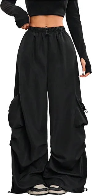 OYOANGLE Women's Baggy Cargo Pants Drawstring Drop Waist Wide Leg Trousers Streetwear