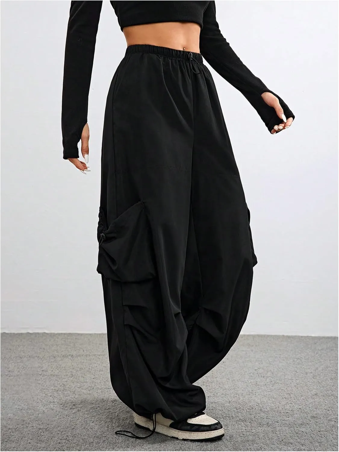 OYOANGLE Women's Baggy Cargo Pants Drawstring Drop Waist Wide Leg Trousers Streetwear