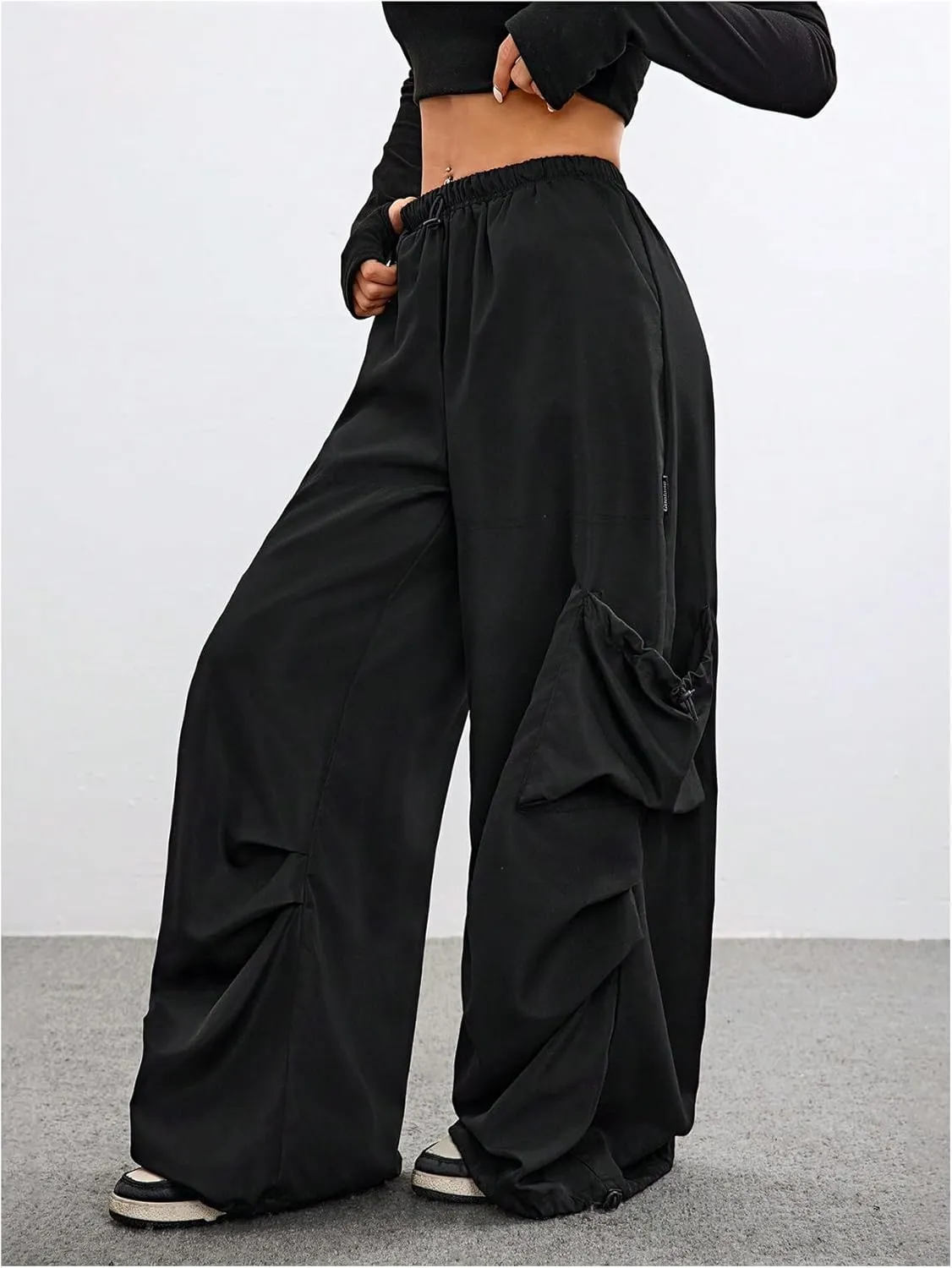 OYOANGLE Women's Baggy Cargo Pants Drawstring Drop Waist Wide Leg Trousers Streetwear