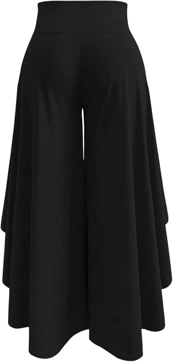 OYOANGLE Women's Plus Size High Waisted Asymmetrical Ruffle Hem Wide Leg Pants Flowy Palazzo Pants