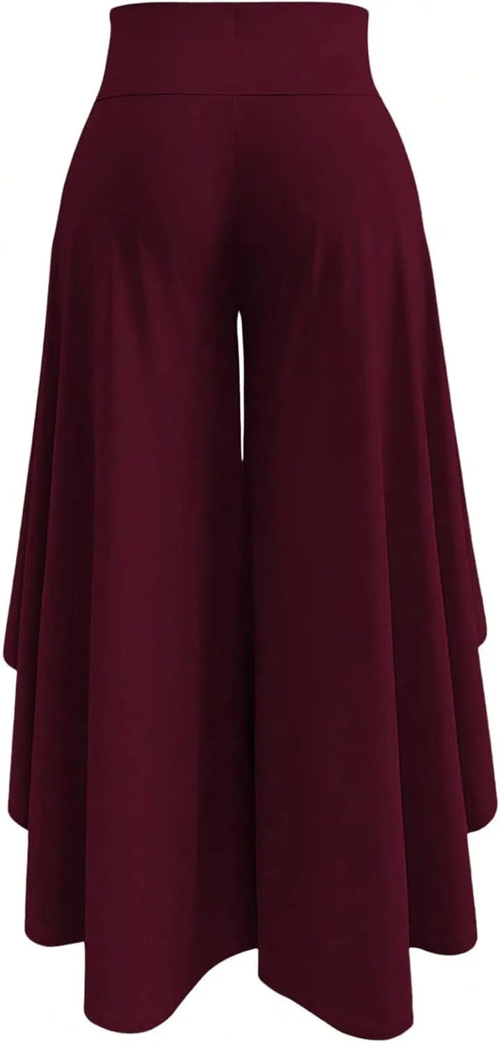 OYOANGLE Women's Plus Size High Waisted Asymmetrical Ruffle Hem Wide Leg Pants Flowy Palazzo Pants