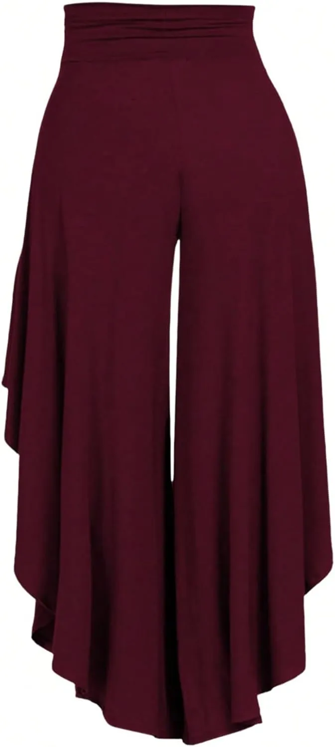 OYOANGLE Women's Plus Size High Waisted Asymmetrical Ruffle Hem Wide Leg Pants Flowy Palazzo Pants