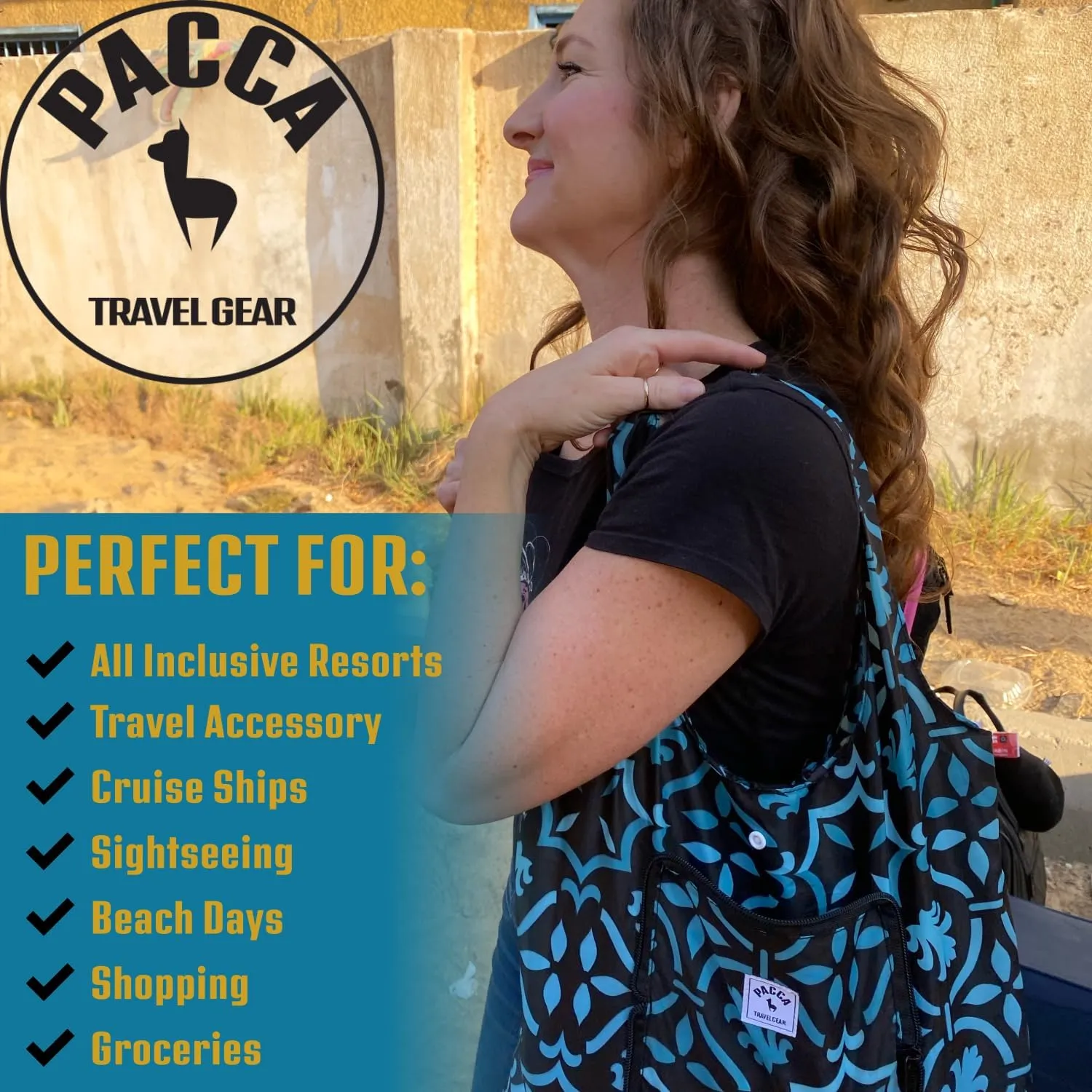 Pacca Packable Travel Tote for Women | Small Foldable, Reusable Shoulder Bag for Beach, Grocery, Shopping, Cruise, Resort