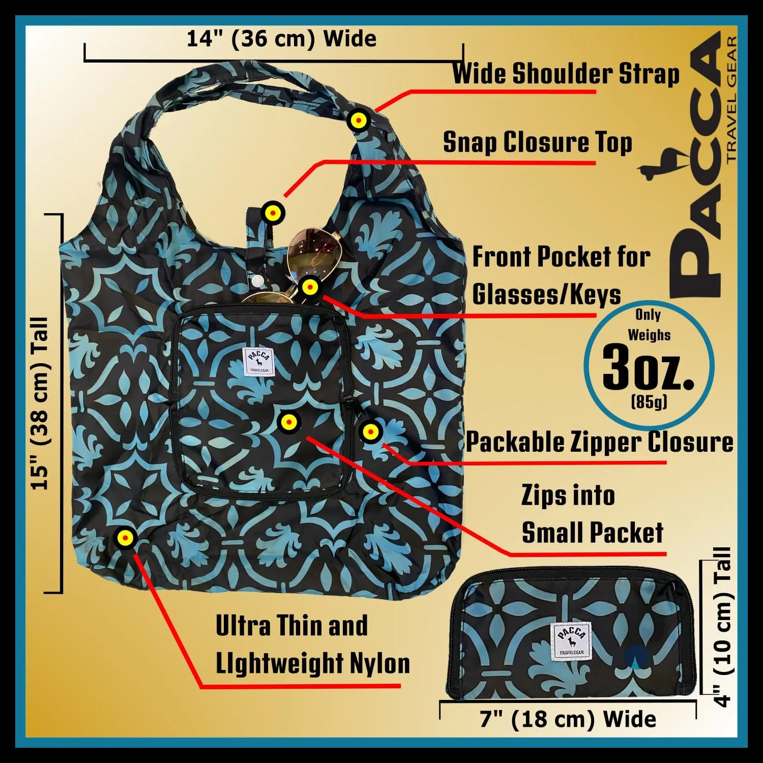 Pacca Packable Travel Tote for Women | Small Foldable, Reusable Shoulder Bag for Beach, Grocery, Shopping, Cruise, Resort