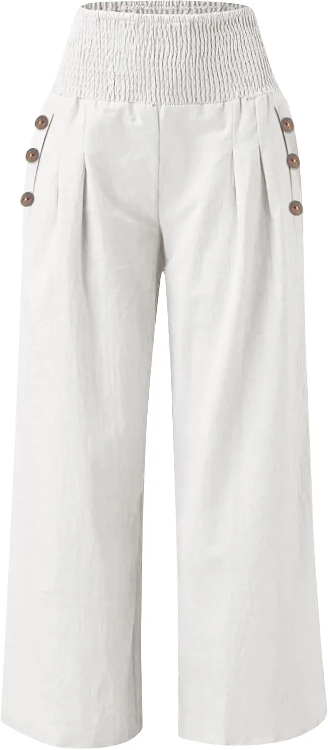Palazzo Pants for Women Cotton Linen Wide Leg Lounge Pants Plus Size Elastic High Waisted Work Pants with Pockets