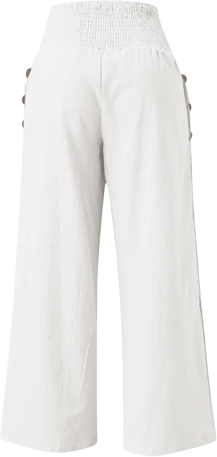 Palazzo Pants for Women Cotton Linen Wide Leg Lounge Pants Plus Size Elastic High Waisted Work Pants with Pockets