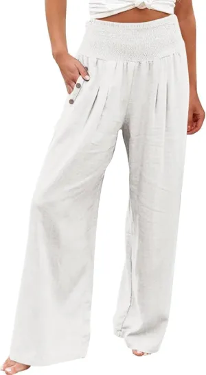 Palazzo Pants for Women Cotton Linen Wide Leg Lounge Pants Plus Size Elastic High Waisted Work Pants with Pockets