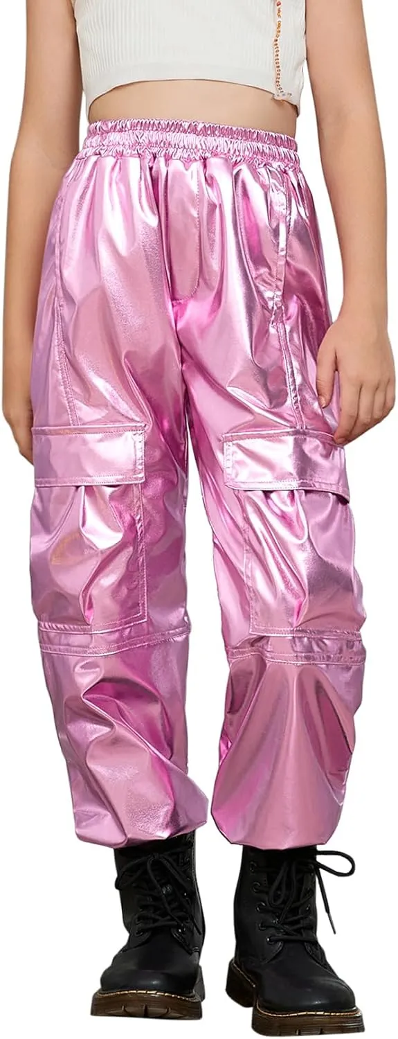 Perfashion Metallic Cargo Pants for Girls Hip Hop Dance Multi-Pocket Joggers High Waist Pants 6-15Y