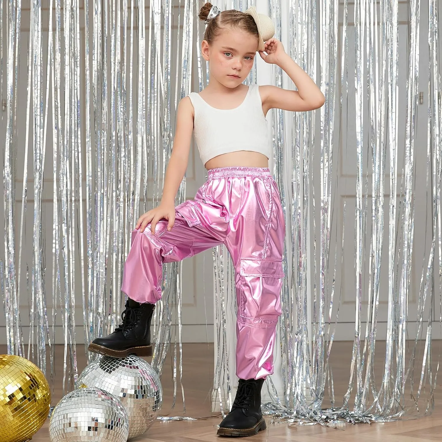 Perfashion Metallic Cargo Pants for Girls Hip Hop Dance Multi-Pocket Joggers High Waist Pants 6-15Y