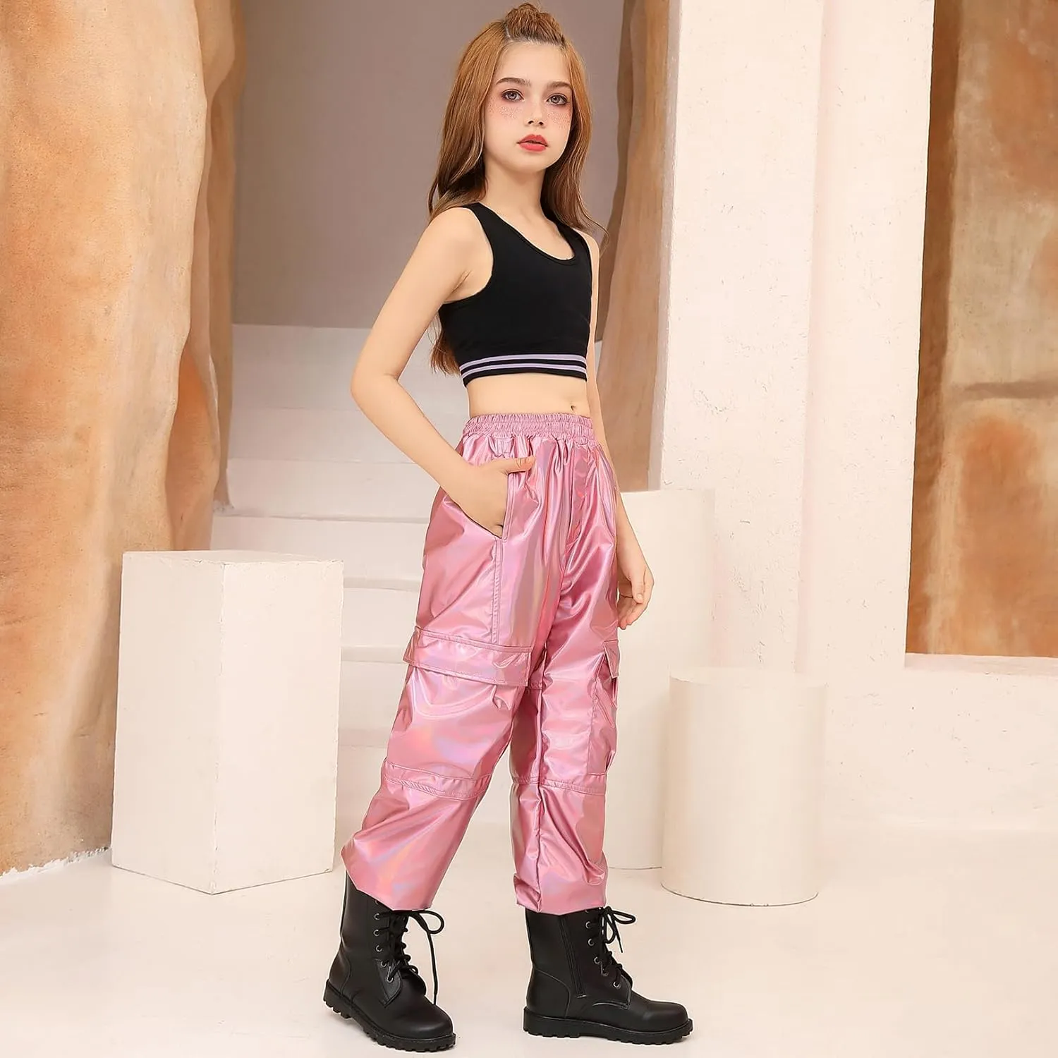 Perfashion Metallic Cargo Pants for Girls Hip Hop Dance Multi-Pocket Joggers High Waist Pants 6-15Y