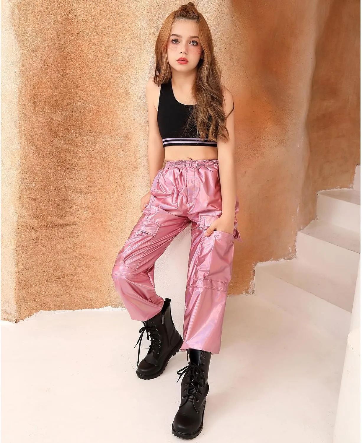 Perfashion Metallic Cargo Pants for Girls Hip Hop Dance Multi-Pocket Joggers High Waist Pants 6-15Y