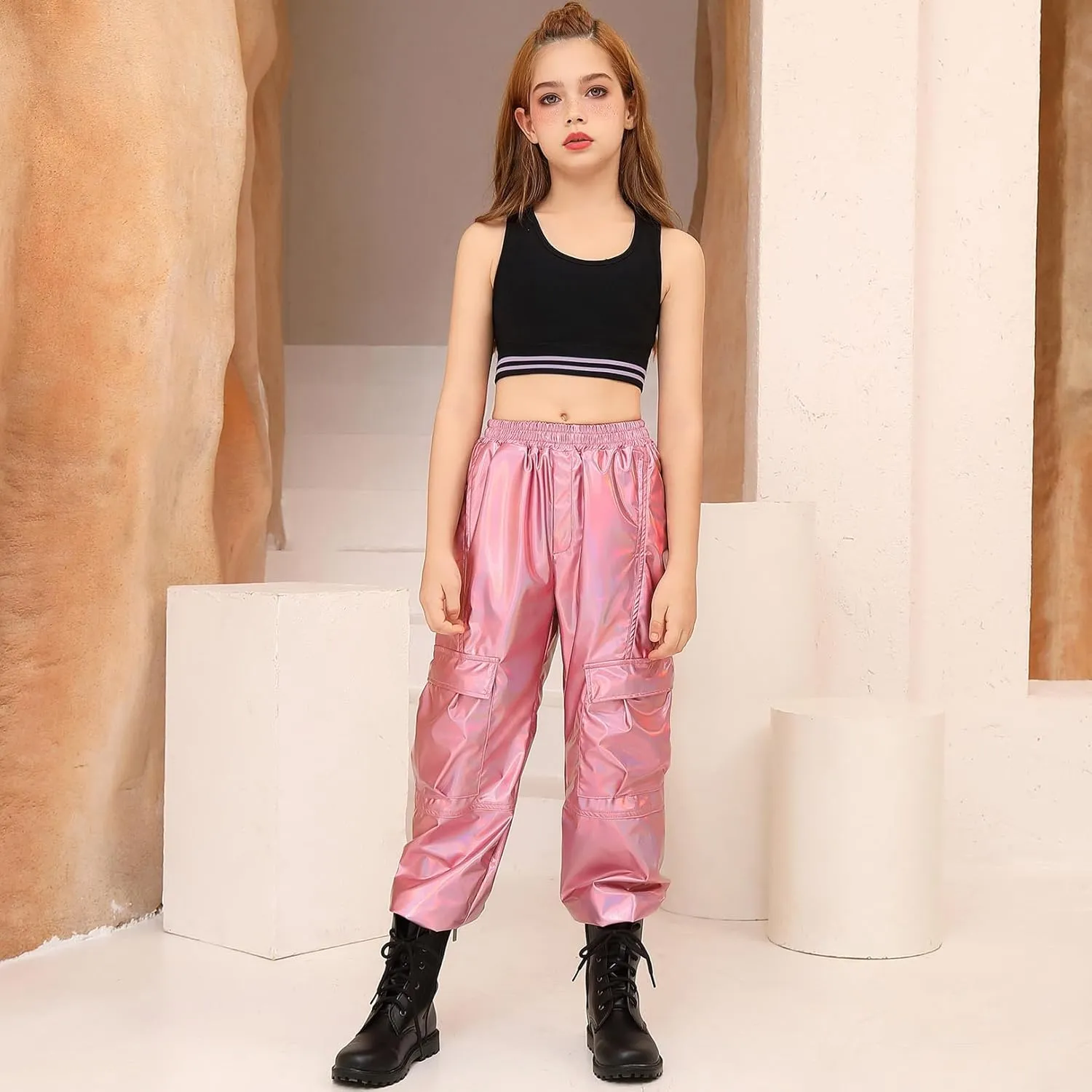 Perfashion Metallic Cargo Pants for Girls Hip Hop Dance Multi-Pocket Joggers High Waist Pants 6-15Y